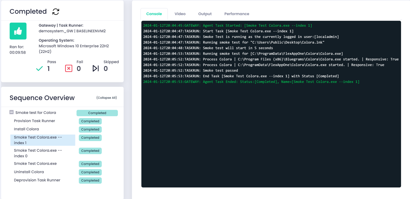 A screenshot of how Rimo3 runs a smoke test and analysis for a given application.