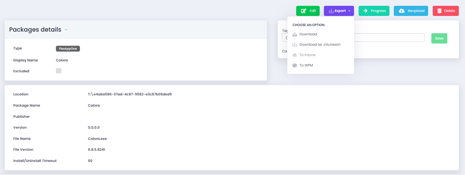 A screenshot of the application package details in the Rimo3 platform.