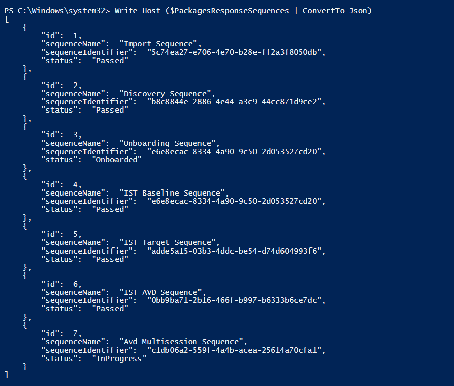 A screenshot of the output of listing all sequences associated to an application in PowerShell.