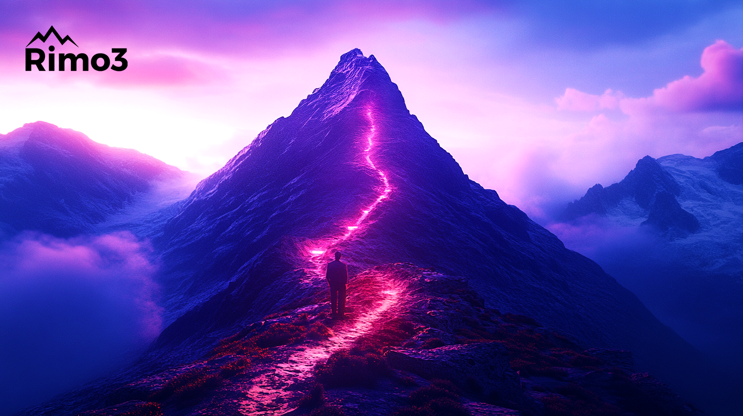 Explorer on a glowing purple trail ascending a vast mountain at sunrise, symbolizing a transformative journey.